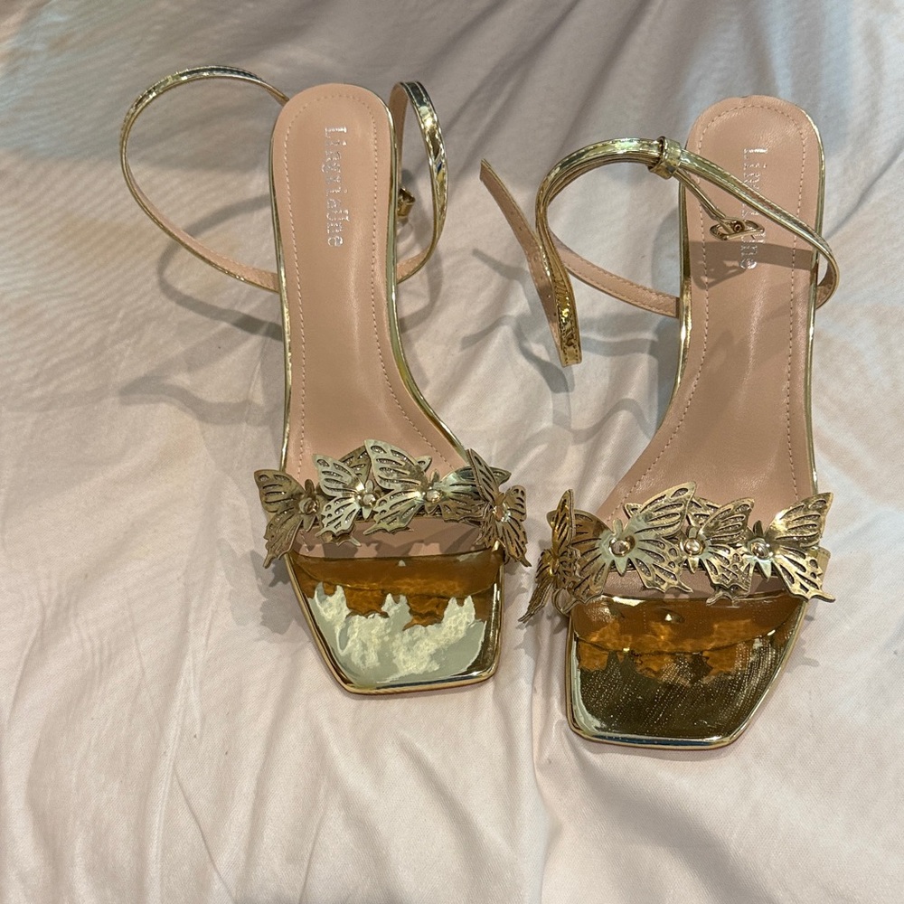 Lulu's Gold Butterfly Strap Heeled Sandals